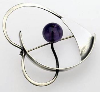 Modernist abstract sterling brooch with amethyst bead and American maker's marks